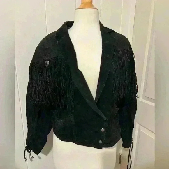 Vintage Concho Leather Suede Black Fringe Cowboy Western Festival Hippie Boho - Picture 1 of 8